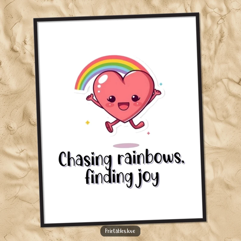 Funny Free Printable Wall Art: A heart character leaps with great excitement, trailing a vivid rainbow arc.