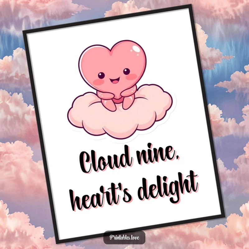 Funny Free Printable Wall Art showing a bright-smiling heart character relaxing on a heart-shaped cloud, a whimsical downloadable piece.