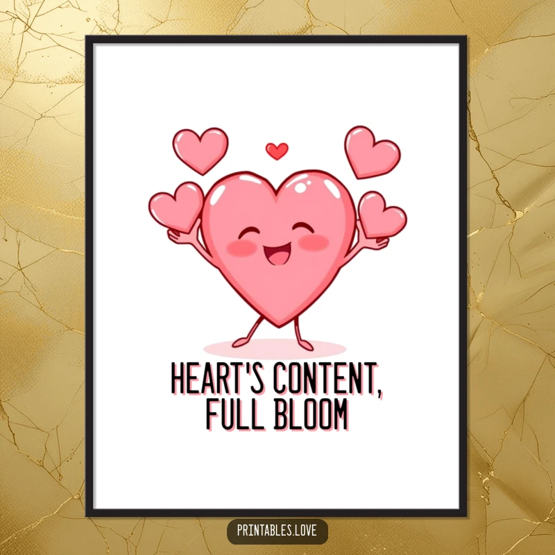 Funny Free Printable Wall Art depicting a gleeful heart character energetically juggling three smaller hearts, a vibrant downloadable piece.