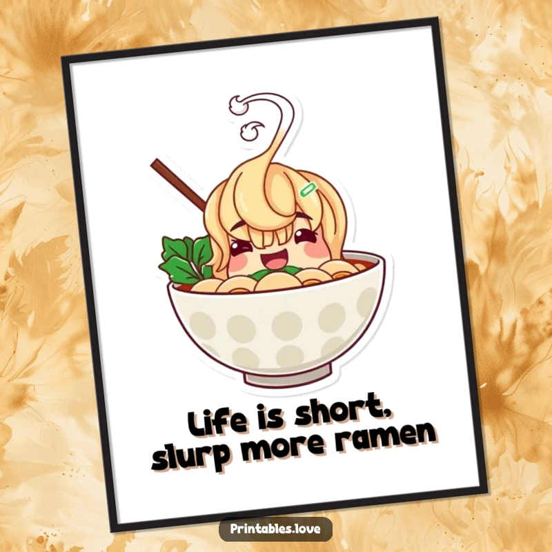 Funny Free Printable Wall Art: Cheerful ramen bowl character with hilariously rising steam, a cozy downloadable art piece.