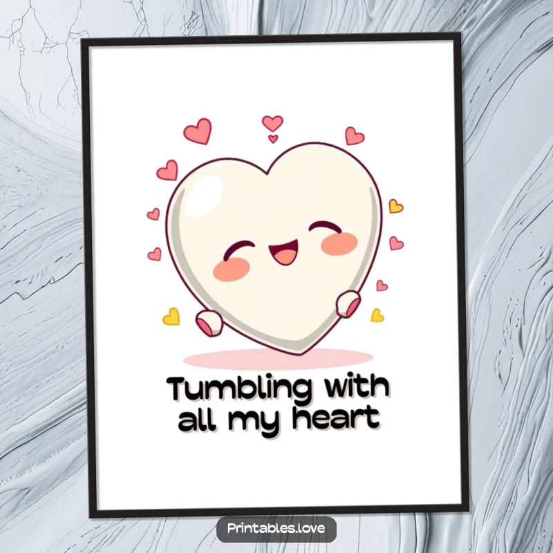 Funny Free Printable Wall Art: A heart character tumbling end over end with pure, delighted abandon, lively decor.