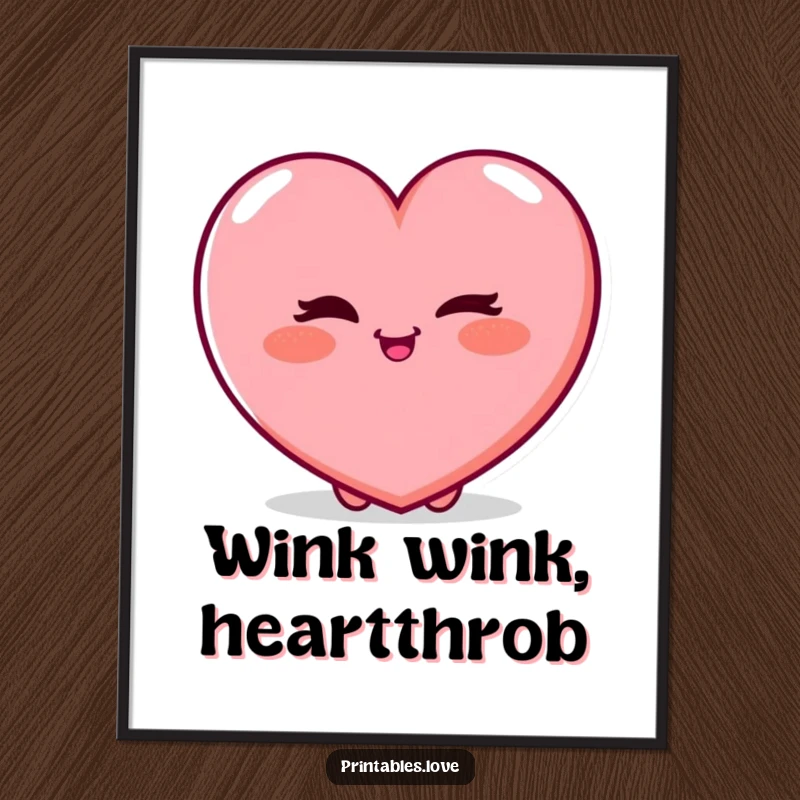 Funny Free Printable Wall Art: A plump, red heart character winking playfully with a rosy blush, exuding charm and a touch of mischief.