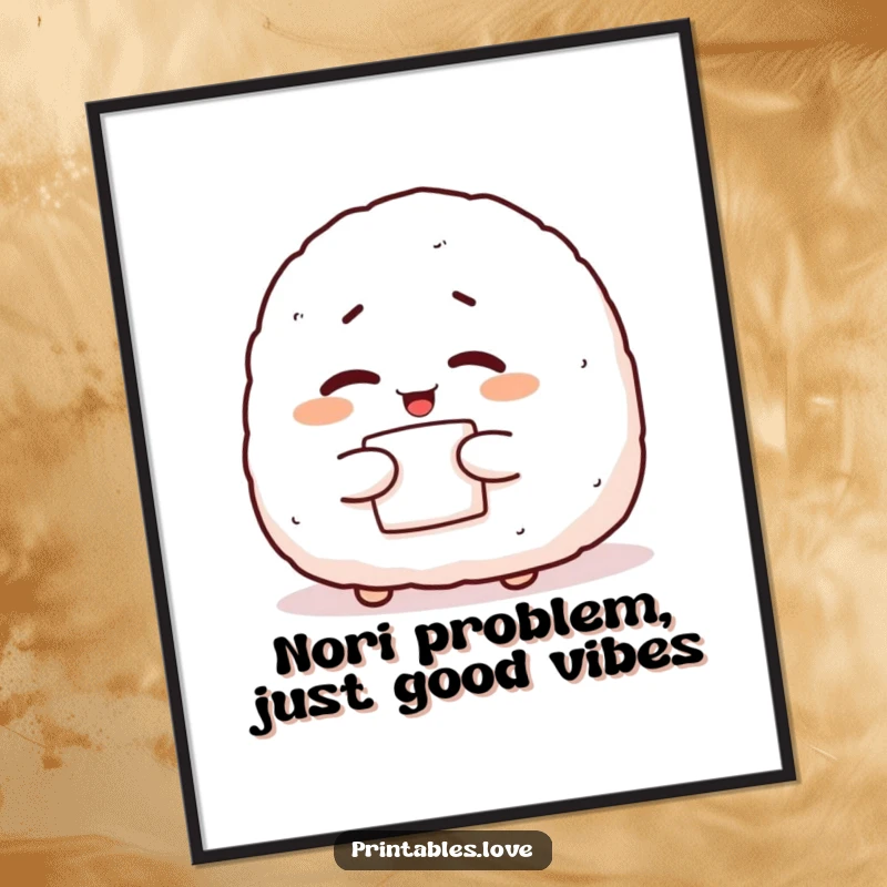 Funny Free Printable Wall Art: Giggling onigiri character winking with nori, a charming downloadable piece for any room.