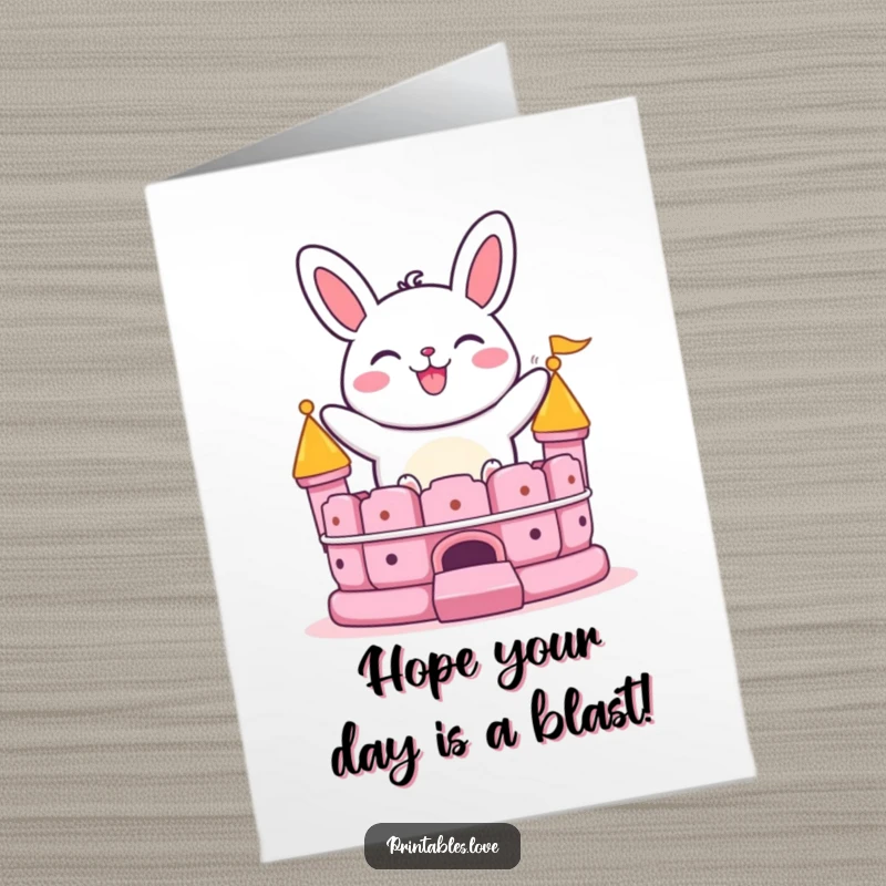 Funny Free Printable Birthday Card: Grinning bao bun character joyfully bouncing on a bouncy castle, a downloadable delight.