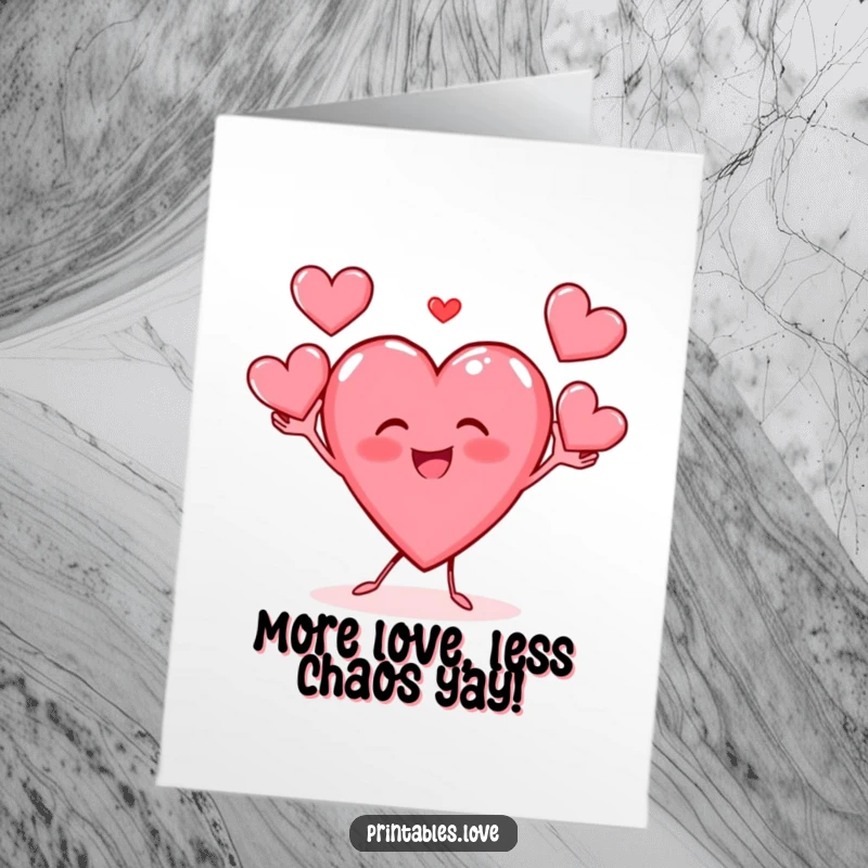Funny Free Printable Birthday Card featuring a cheerful heart character juggling smaller hearts with a gleeful expression, perfect for a DIY gift.