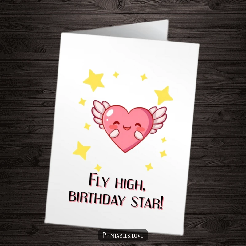 Funny Free Printable Birthday Card: A heart character with wings joyfully soaring through a starry night sky.