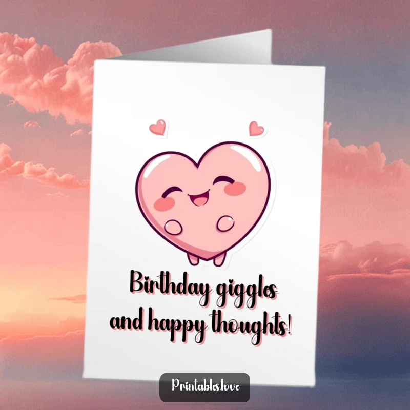 Funny Free Printable Birthday Card: A heart character looking back with a giggling, mischievous grin, hinting at playful secrets.