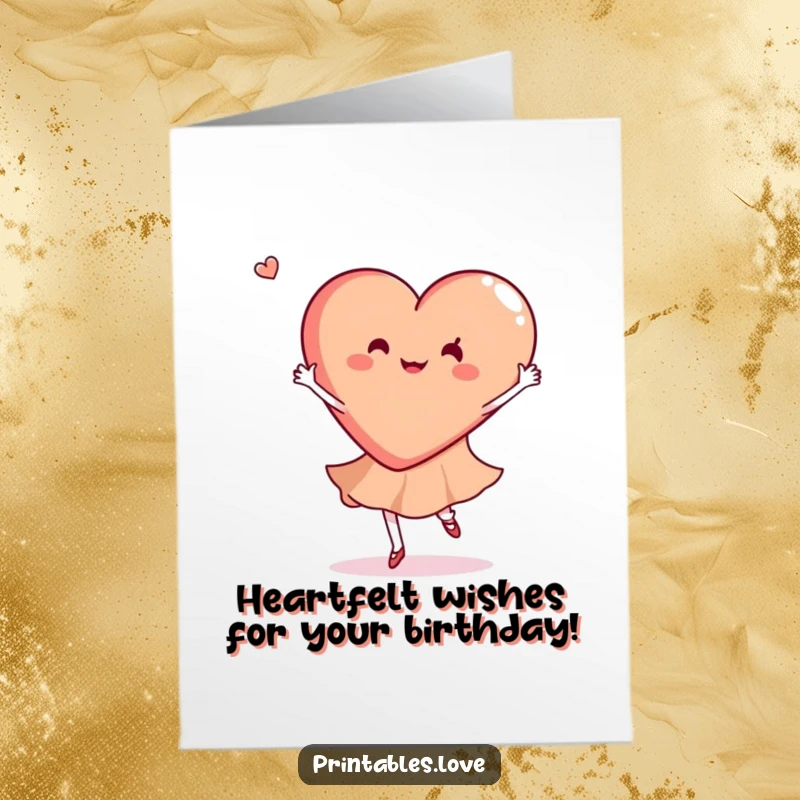 Funny free printable birthday card showing a heart gracefully doing a joyful dance twirl, celebrating someone special.