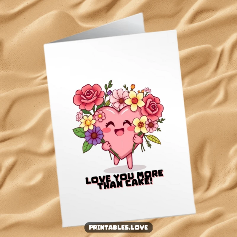 Funny Free Printable Birthday Card: Excited heart character holding a wild, mismatched flower bouquet, ready to celebrate.