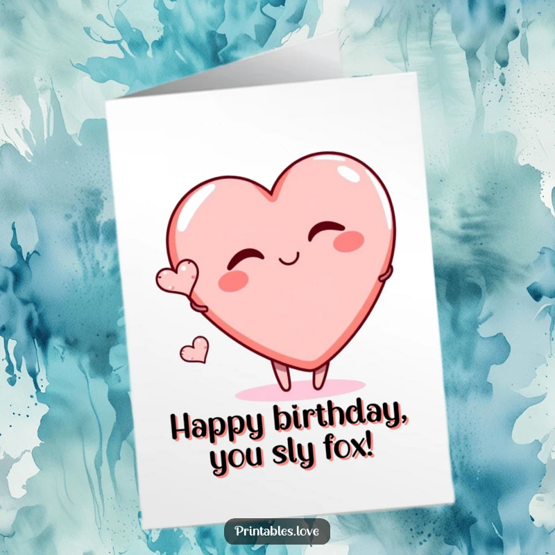 Funny Free Printable Winking Heart Happy Birthday Card: Large heart winking mischievously with a small heart nearby.