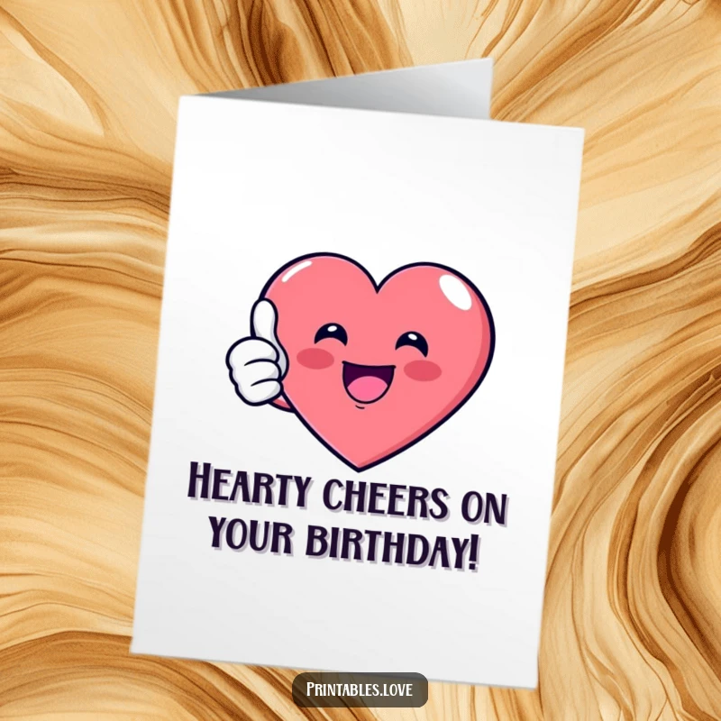 Funny Free Printable Birthday Card featuring an energetic heart giving a big thumbs up, symbolizing approval and fun.