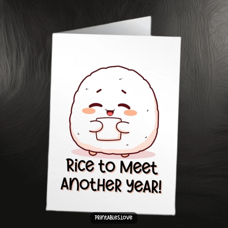 Funny Free Printable Birthday Card: Giggling onigiri character winking with nori, a charming downloadable greeting.