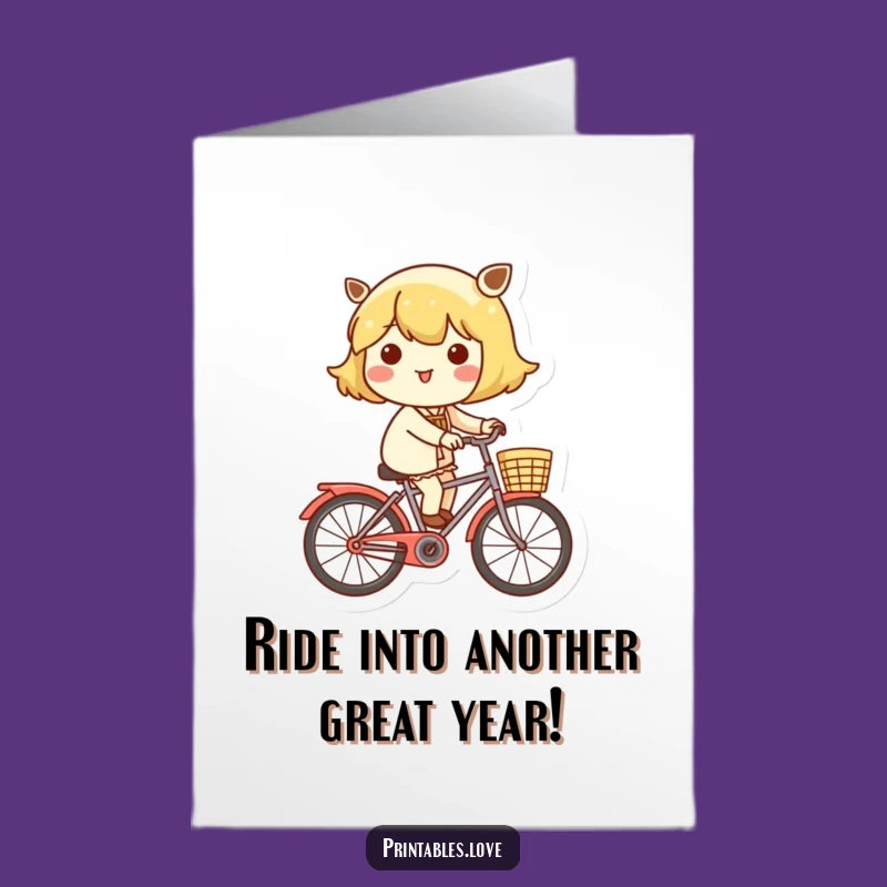 Joyful Free Printable Birthday Card: Kawaii Cyclist, Cheerful Downloadable Gift