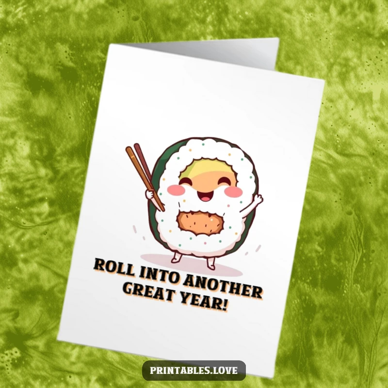 Funny Free Printable Birthday Card: Sushi roll character dancing with chopsticks, a delightful downloadable greeting for celebrations.