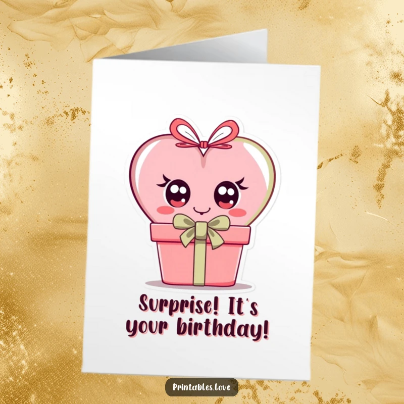Funny Free Printable Birthday Card: A heart with big curious eyes peeking playfully from behind a birthday gift box.