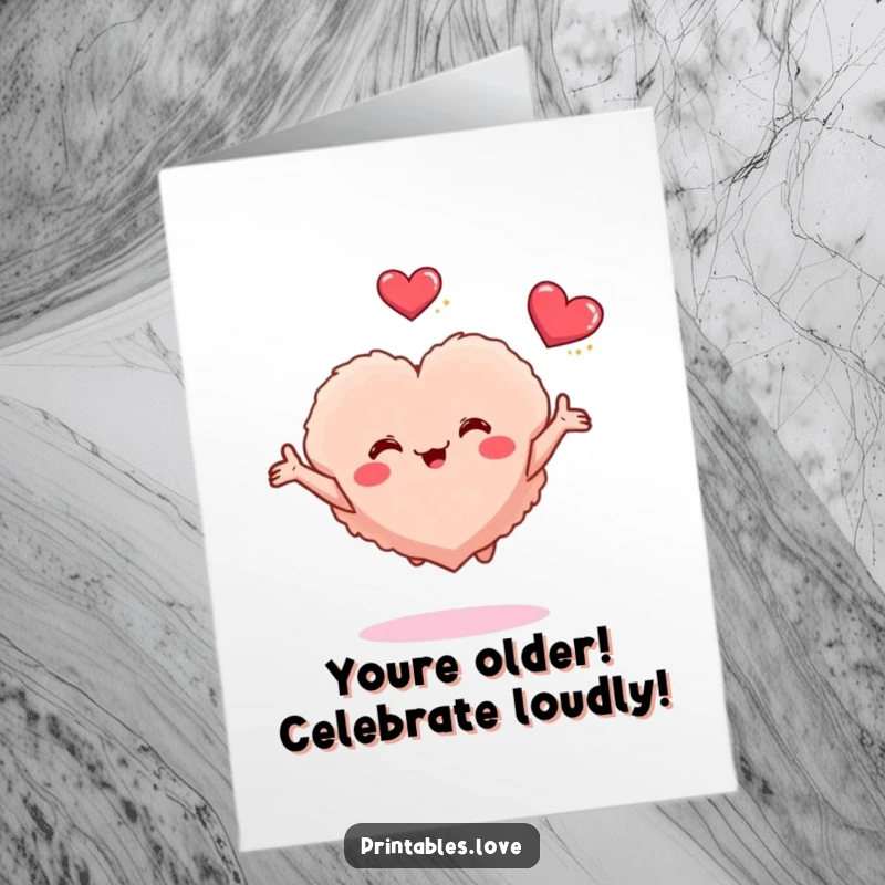 Funny Free Printable Birthday Card: A small fluffy heart joyfully bounces with arms outstretched, ready for a loving hug.