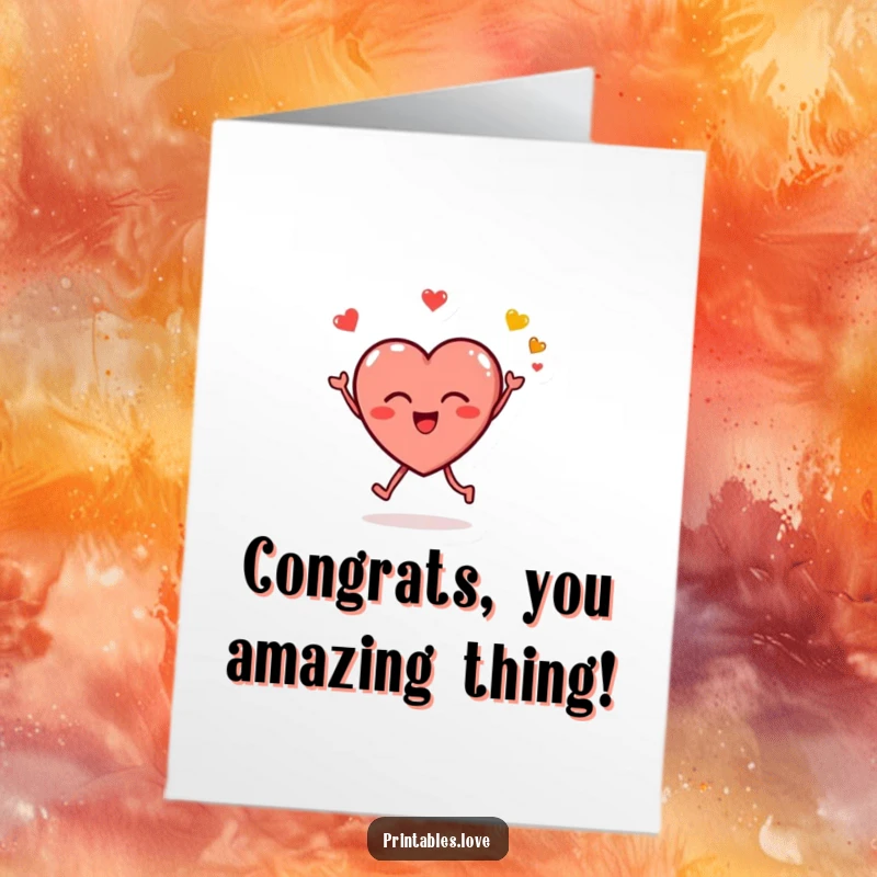 Funny Free Printable Heart Congratulations Card: Small heart character leaping joyfully, blowing kissy emojis in celebration.