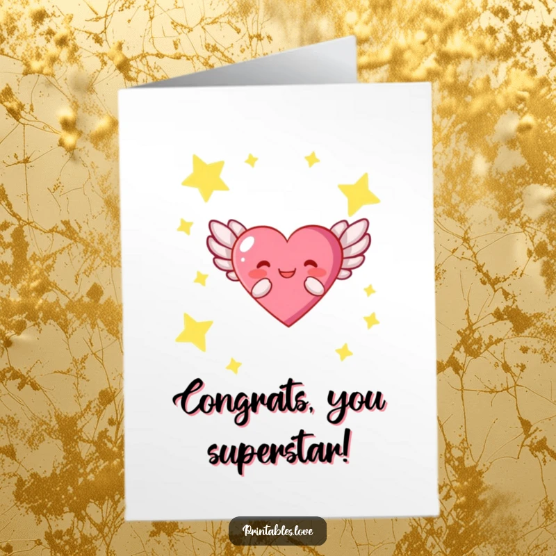 Funny Free Printable Congrats Card: A heart character with wings flying high amidst twinkling stars, celebrating.