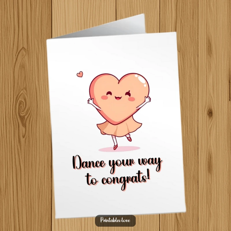 Funny free printable congratulations card with a heart gracefully doing a joyful dance twirl, celebrating achievements.