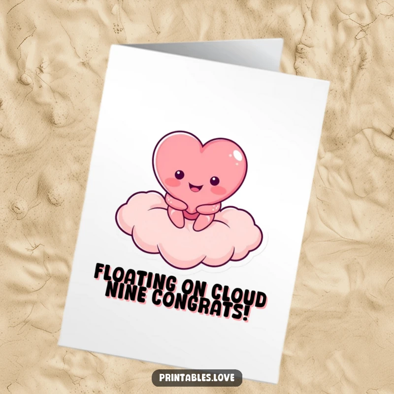 Funny Free Printable Congratulations Card: A bright-smiling heart character sits blissfully on a heart-shaped cloud, a lovely downloadable.