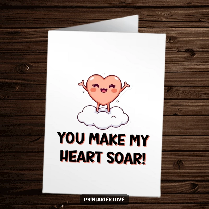 Cute Free Printable Congratulations Card: A cheerful little heart character bounces with glee on a cloud, celebrating your success.
