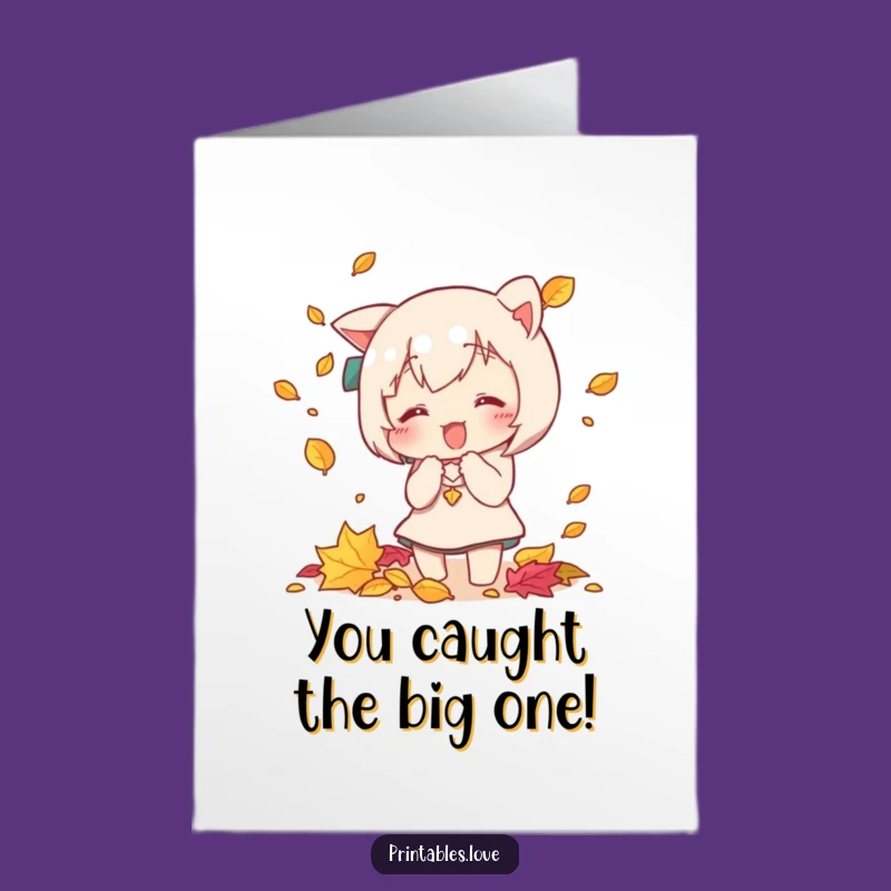 Free Printable Congrats Card: Kawaii Leaf Catcher, Joyful DIY Downloadable Gift