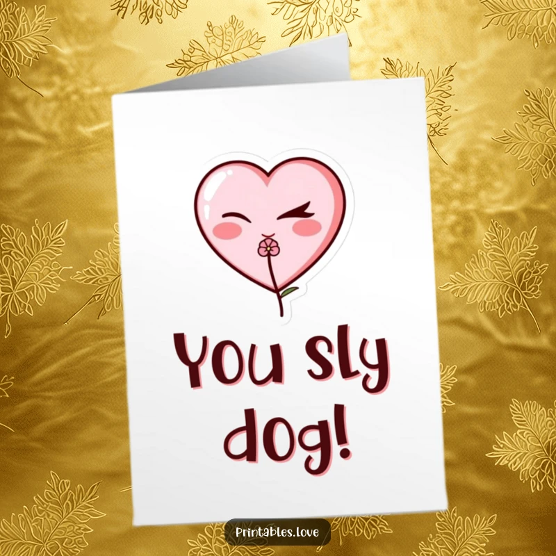 Funny Free Printable Congratulations Card: A flirty heart winks, holding a delicate flower, celebrating achievements with charm.