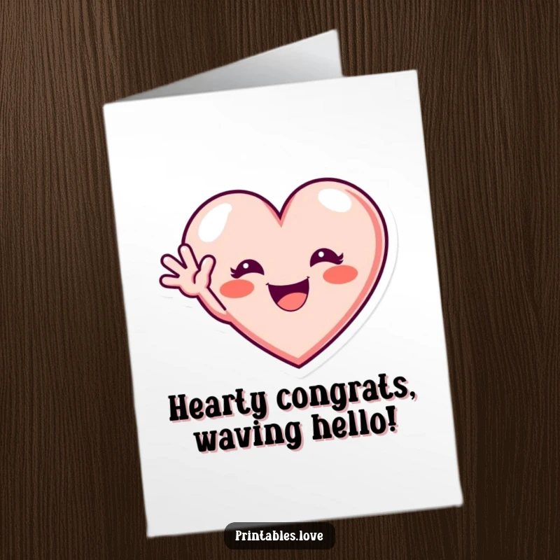 Funny free printable congratulations card showing a heart with a wide, excited grin, cheerfully waving hello to acknowledge success.