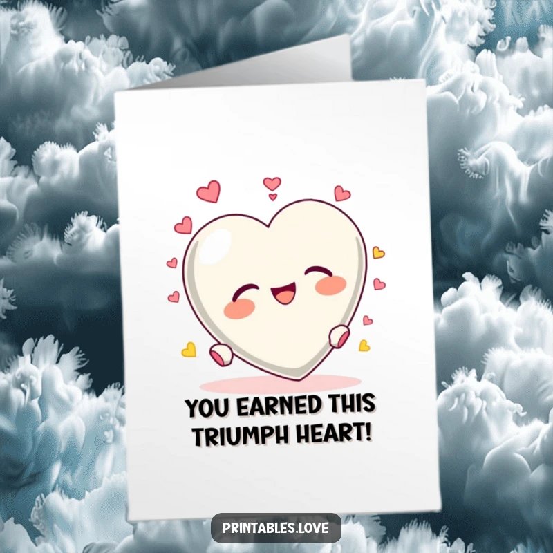 Funny Free Printable Congratulations Card: Heart character tumbling end over end with ecstatic delight, celebrating success.