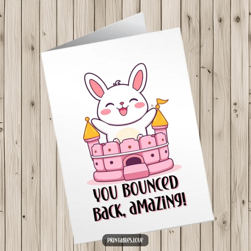 Funny Free Printable Congratulations Card: Grinning bao bun character bouncing on a bouncy castle, a fun downloadable design.