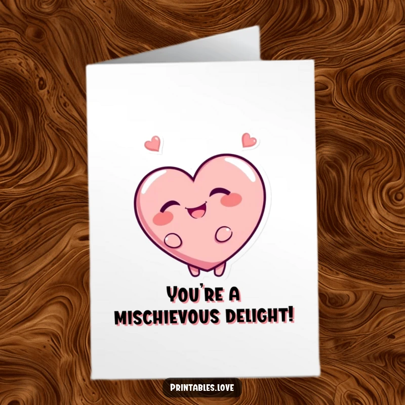 Funny Free Printable Congratulations Card: A heart character peeking over its shoulder with a secretive, mischievous giggle.
