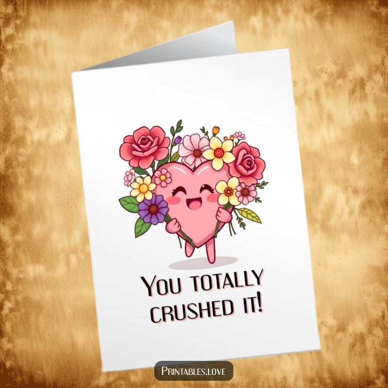 Funny Free Printable Congratulations Card: Heart character joyfully presents a bouquet of odd yet charming flowers.