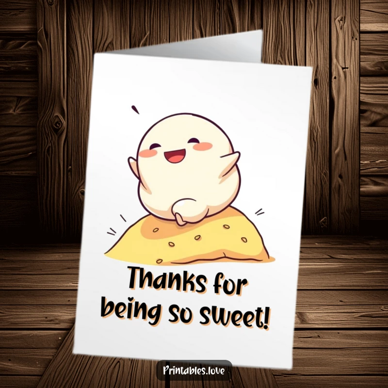 Funny Free Printable Thank You Card: A happy dumpling character rolls down a hill, conveying thanks with cheerful momentum.