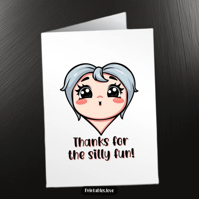 Funny free printable thank you card of a heart making a funny, exaggerated silly face, expressing thanks humorously.