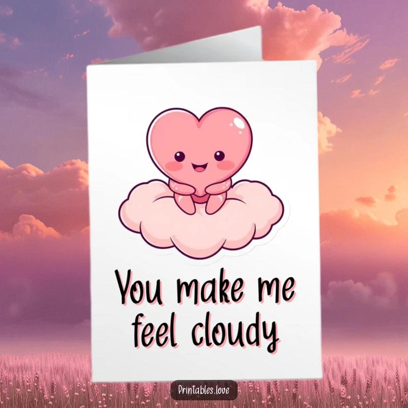 Funny Free Printable Thank You Card: A smiling heart character perched on a heart cloud, conveying thanks in a sweet, downloadable way.
