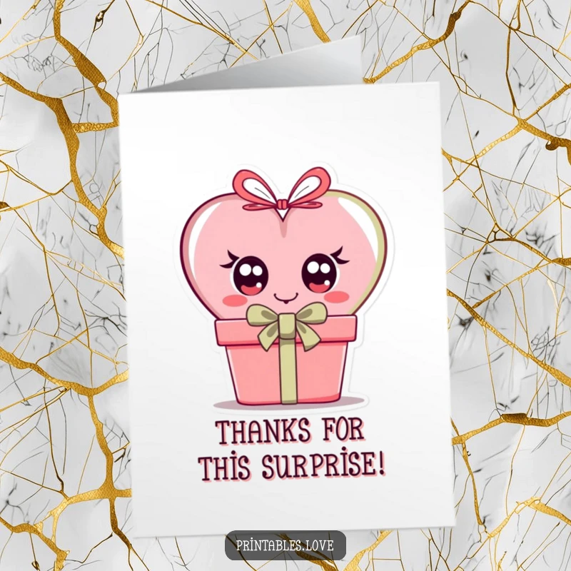 Funny Free Printable Thank You Card: A heart with large, inquisitive eyes peeking out from behind a gift box.