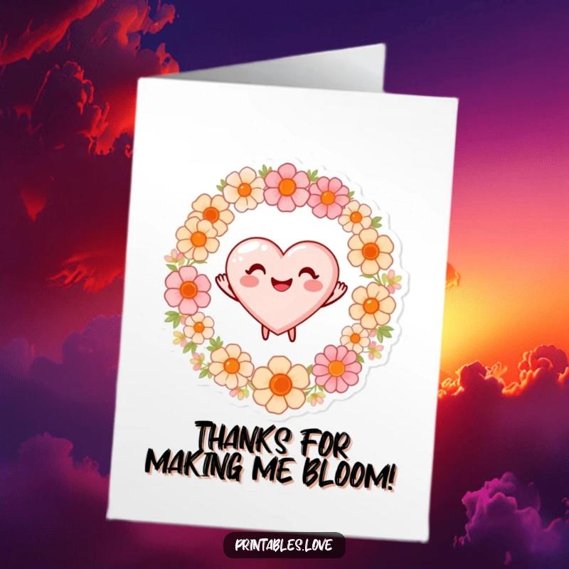 Funny Free Printable Thank You Card: A heart with a wide smile dancing joyfully around a bouquet of flowers.