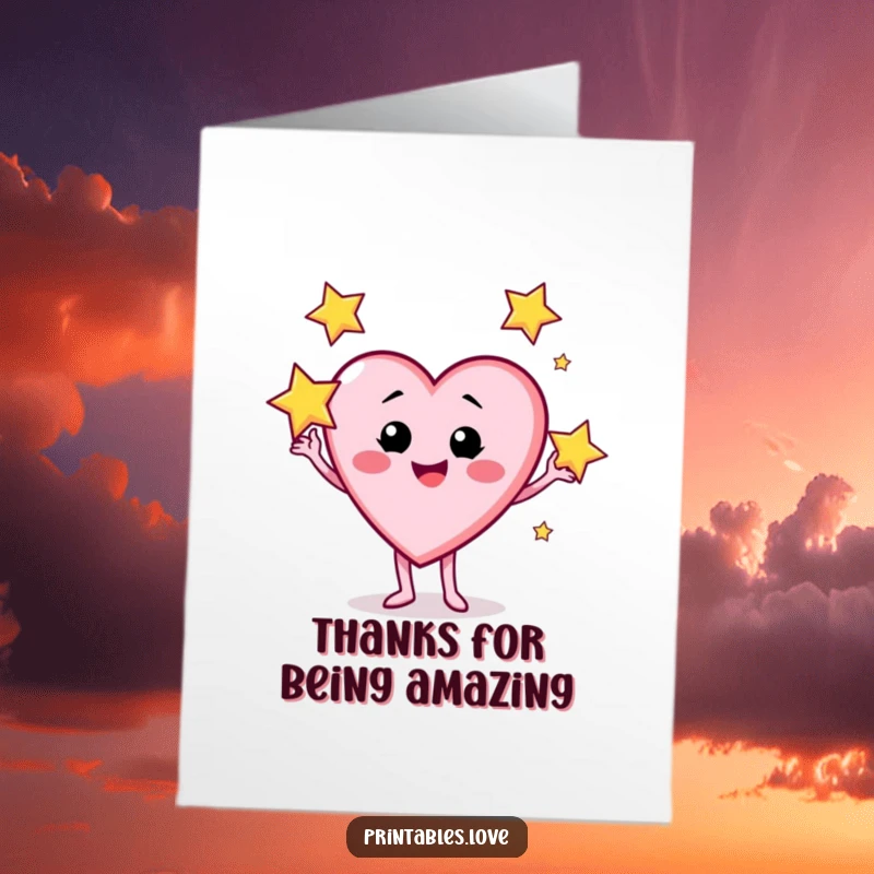 Funny Free Printable Thank You Card: a heart character juggles stars with a wide grin, conveying sparkling appreciation.
