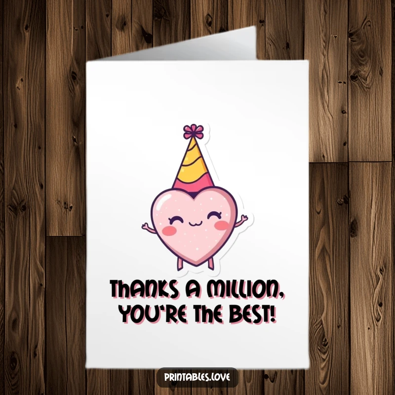 Funny Free Printable Thank You Card: A tiny heart wearing a party hat spins with appreciation, ready to say thanks! Downloadable gift.