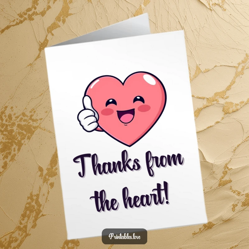 Funny Free Printable Thank You Card with a super happy heart giving a thumbs up, perfect for expressing thanks.