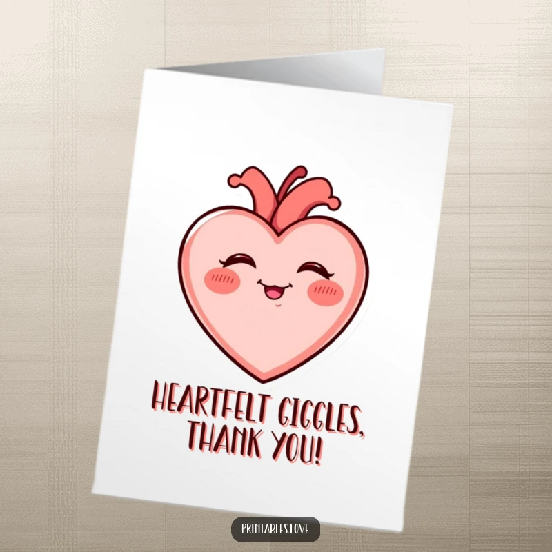 Free Printable Thank You Card: A plump heart with endearing rosy cheeks shaking with uncontrollable laughter and gratitude.