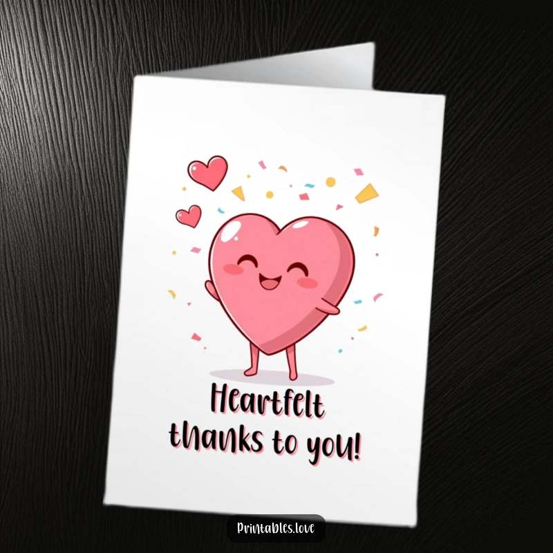Festive Free Printable Thank You Card: A smiling heart character tosses a shower of confetti with excitement.