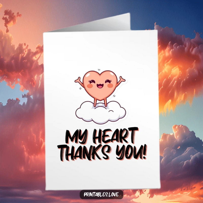 Cute Free Printable Thank You Card: A round heart character joyfully bounces on a cloud, arms wide open.