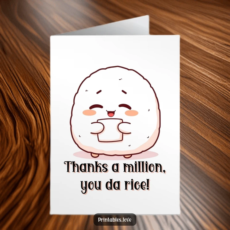 Funny Free Printable Thank You Card: Giggling onigiri character winking with nori, a cheeky downloadable greeting.
