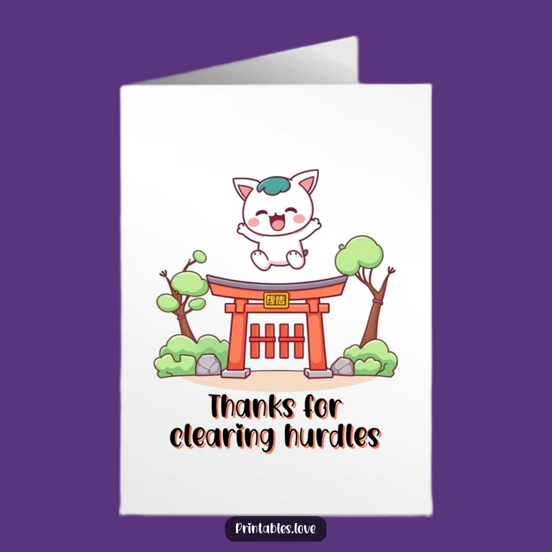 Free Printable Kawaii Thank You Card: Leap Over Torii Funny Downloadable Gift