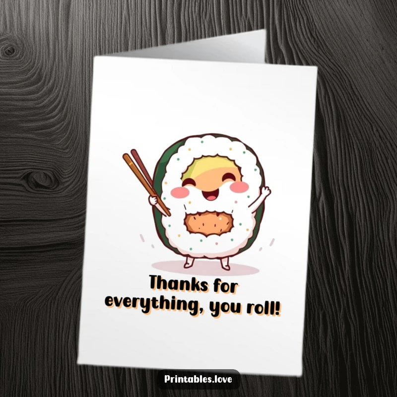 Funny Free Printable Thank You Card: Sushi roll character dancing with chopsticks, expressing thanks with a downloadable greeting.