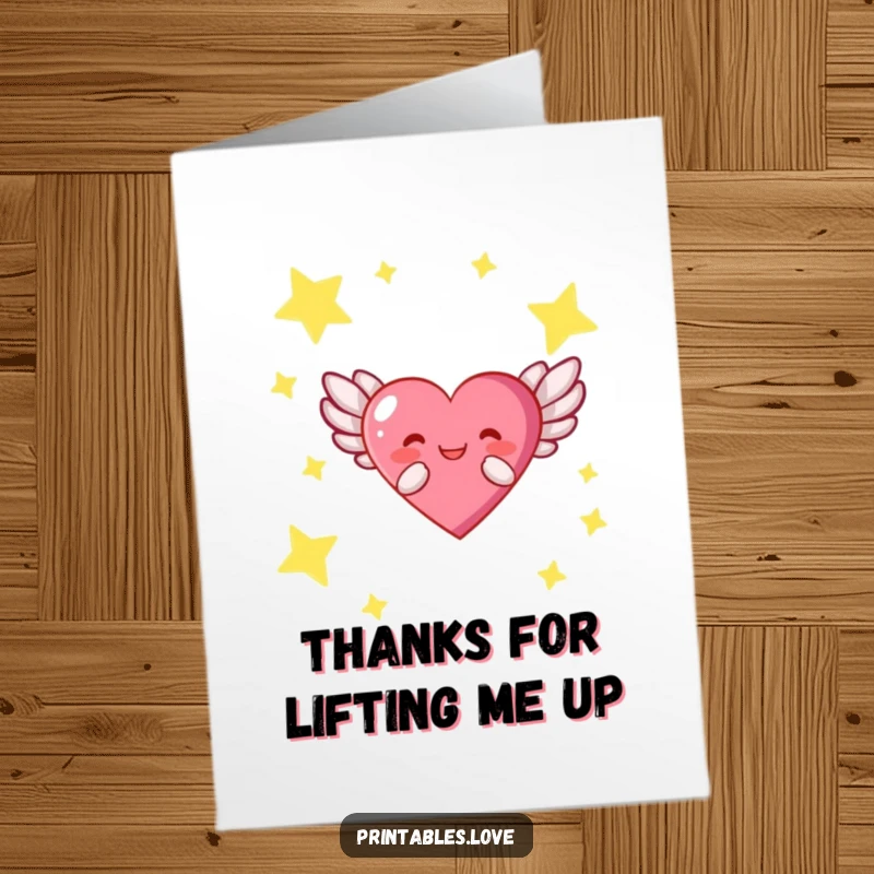 Funny Free Printable Thank You Card: A winged heart character flying gracefully through a starry expanse.