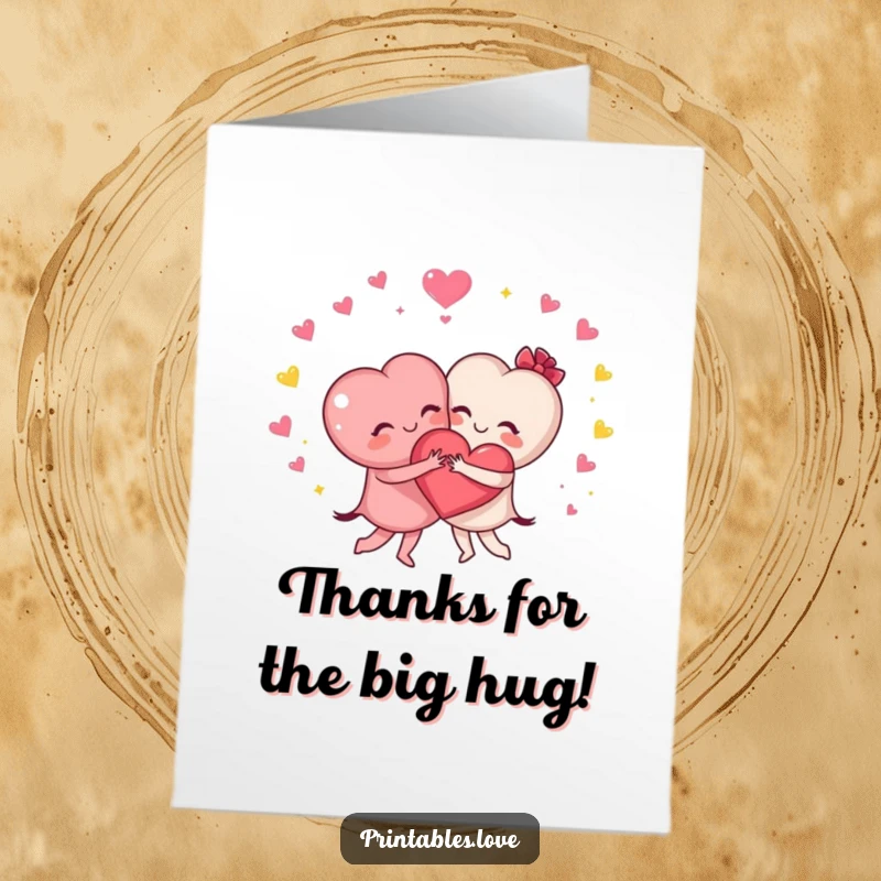Funny Free Printable Hugging Hearts Thank You Card: Two hearts hugging closely with sparkles, conveying heartfelt thanks.