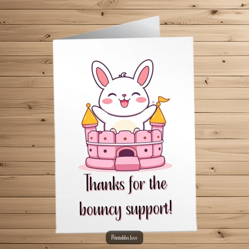 Funny Free Printable Thank You Card: Grinning bao bun character bouncing on a bouncy castle, a cheerful downloadable greeting.