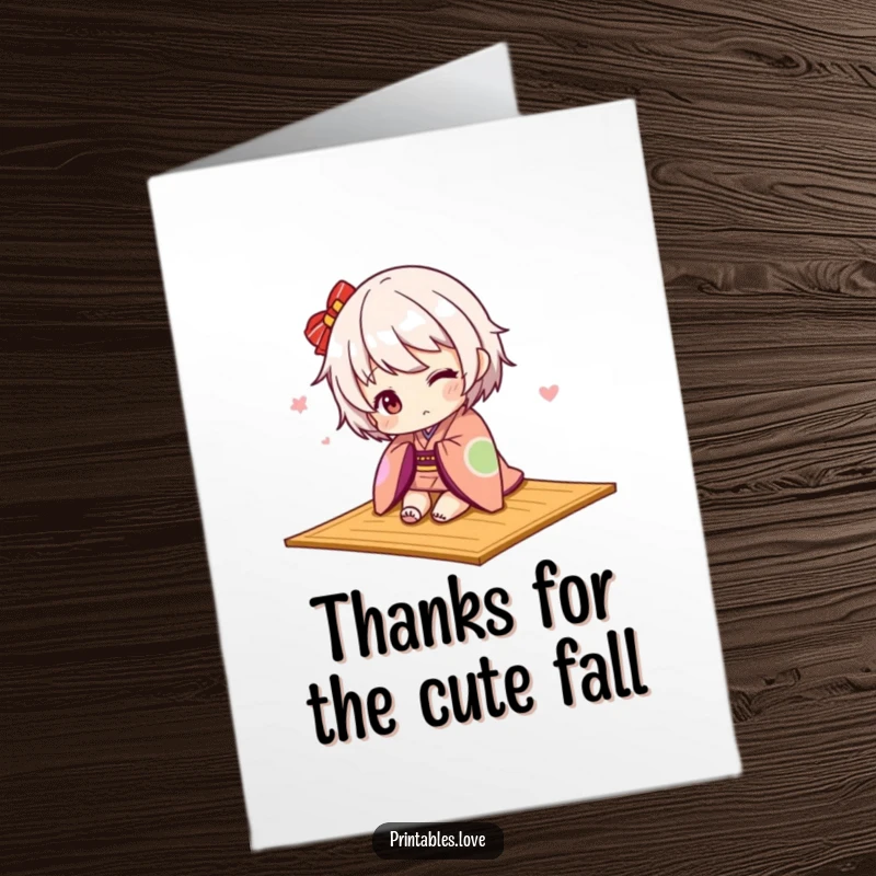 Funny Free Printable Thank You Card featuring a Kawaii character in a kimono playfully tripping over a mat.
